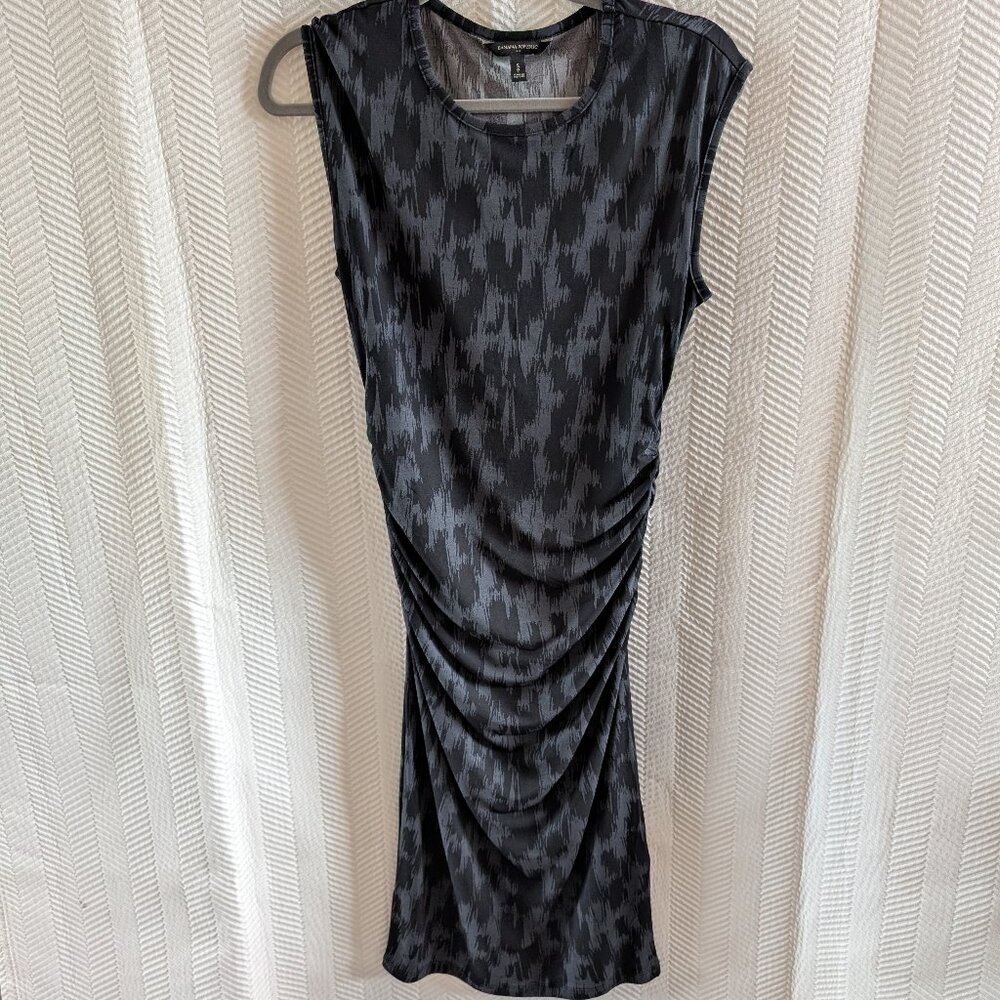 Banana Republic Ruched Midi Dress Black Gray Abstract Print Stretchy Small